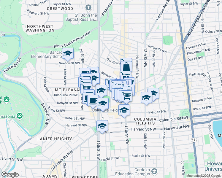 map of restaurants, bars, coffee shops, grocery stores, and more near 1457 Park Road Northwest in Washington