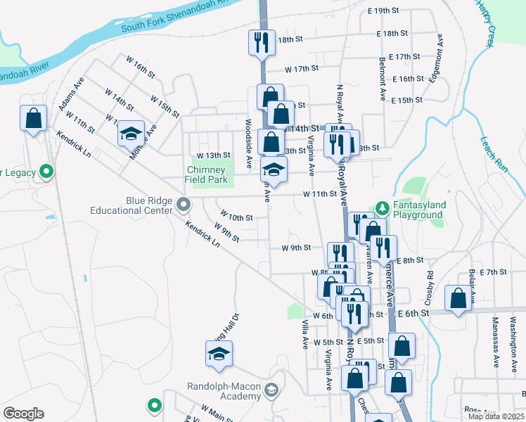 map of restaurants, bars, coffee shops, grocery stores, and more near 1010 North Shenandoah Avenue in Front Royal