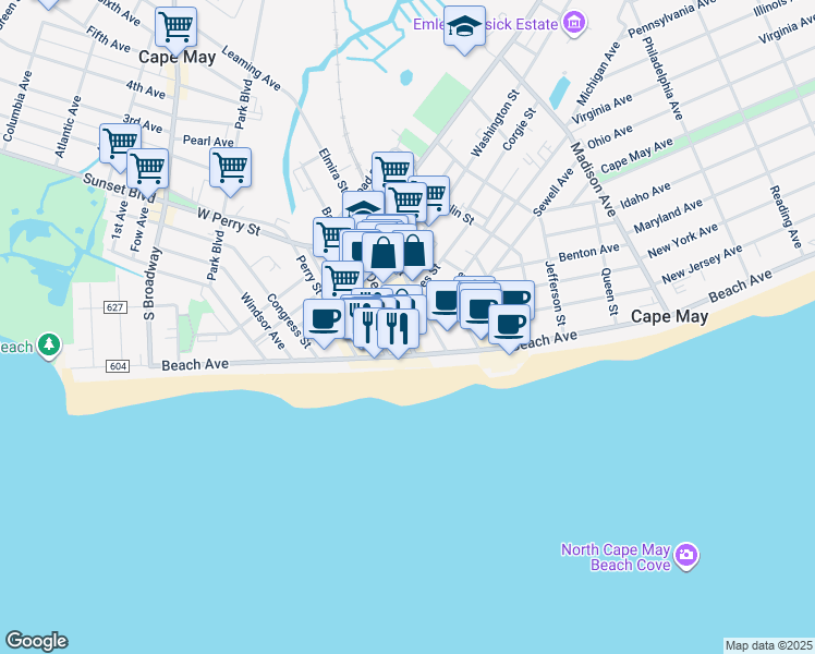map of restaurants, bars, coffee shops, grocery stores, and more near 501 Beach Avenue in Cape May