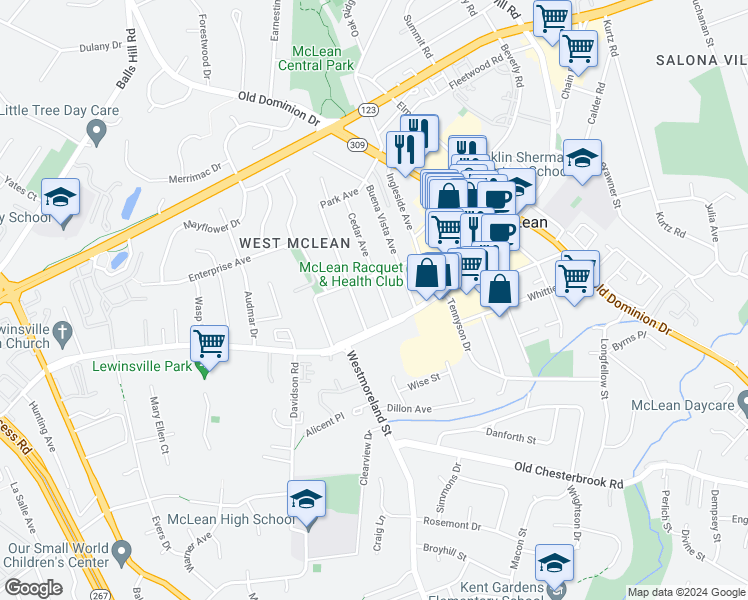 map of restaurants, bars, coffee shops, grocery stores, and more near 1526 Cedar Avenue in McLean