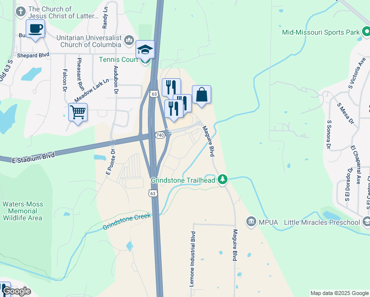 map of restaurants, bars, coffee shops, grocery stores, and more near 3110 East Stadium Boulevard in Columbia