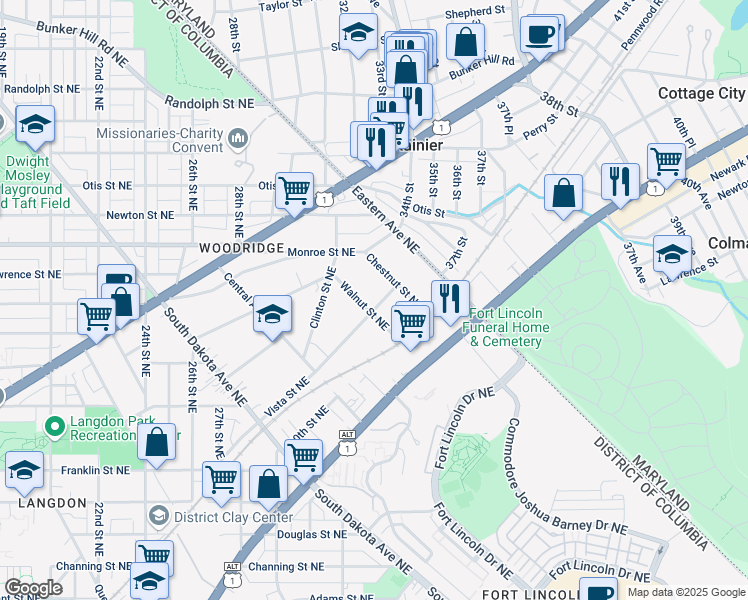 map of restaurants, bars, coffee shops, grocery stores, and more near 3202 Vista Street Northeast in Washington