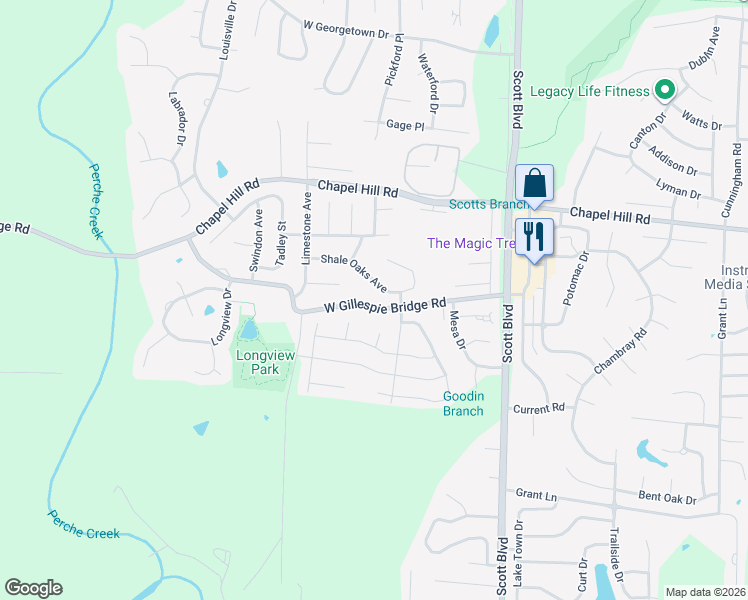 map of restaurants, bars, coffee shops, grocery stores, and more near 4708 West Gillespie Bridge Road in Columbia