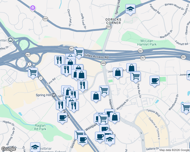 map of restaurants, bars, coffee shops, grocery stores, and more near 1486 Spring Hill Road in Tysons