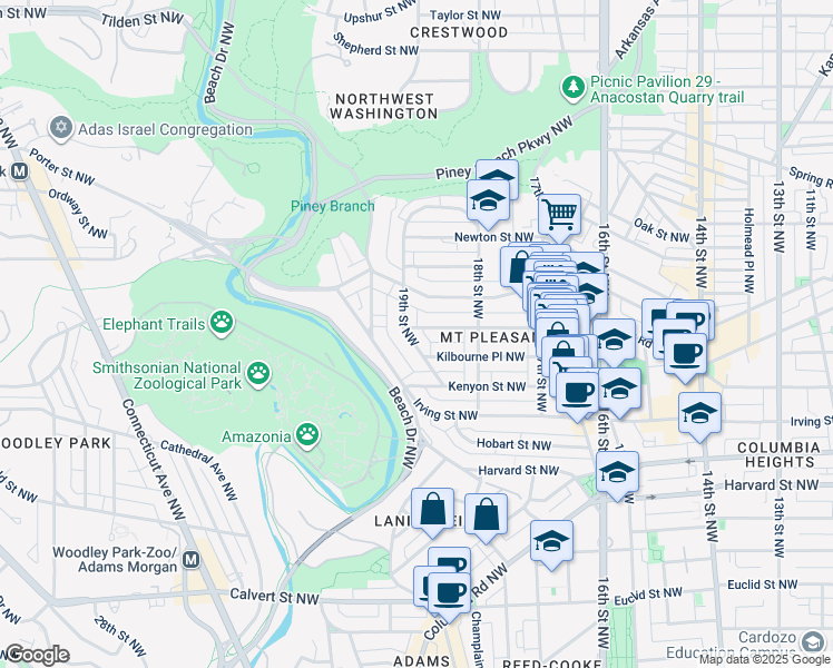 map of restaurants, bars, coffee shops, grocery stores, and more near 3153 19th Street Northwest in Washington