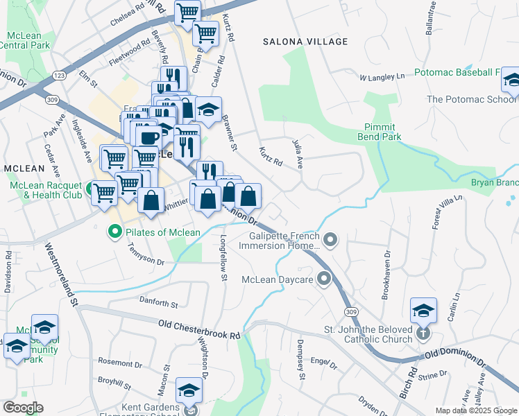 map of restaurants, bars, coffee shops, grocery stores, and more near 1460 Hampton Hill Circle in McLean