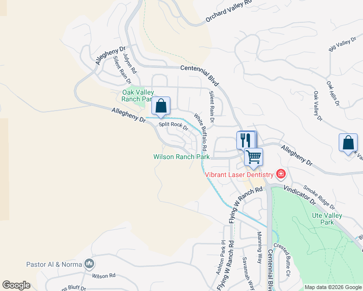 map of restaurants, bars, coffee shops, grocery stores, and more near 2412 Allegheny Drive in Colorado Springs