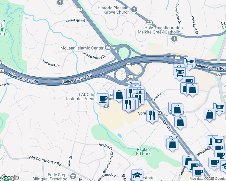 map of restaurants, bars, coffee shops, grocery stores, and more near 1537 Northern Neck Drive in Vienna