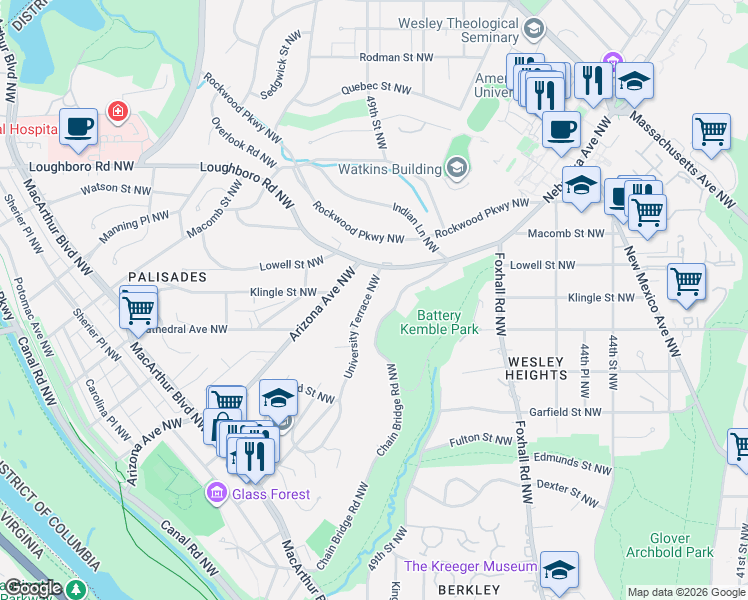 map of restaurants, bars, coffee shops, grocery stores, and more near 3051 University Terrace Northwest in Washington