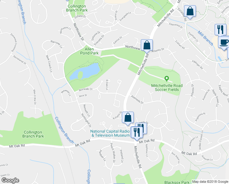 map of restaurants, bars, coffee shops, grocery stores, and more near 3002 New Oak Lane in Bowie