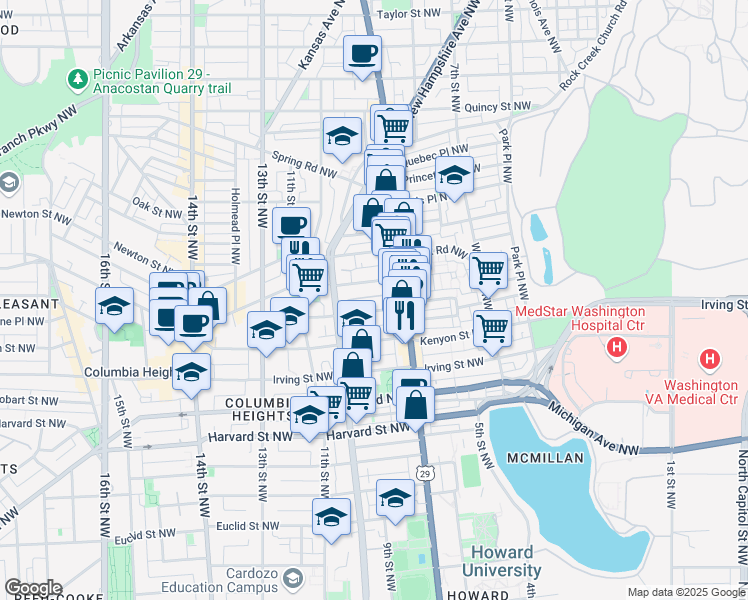 map of restaurants, bars, coffee shops, grocery stores, and more near 713 Lamont Street Northwest in Washington