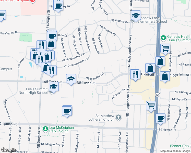 map of restaurants, bars, coffee shops, grocery stores, and more near 410 Northeast Woodbury Drive in Lee's Summit
