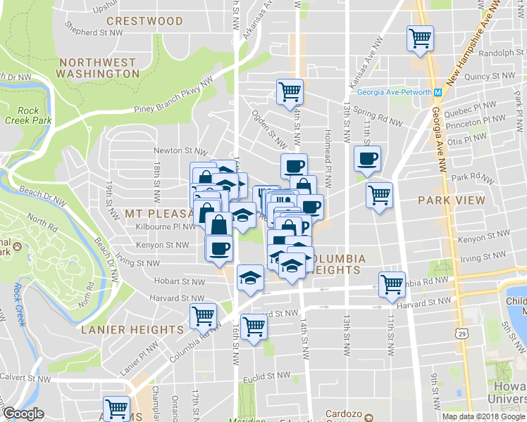 map of restaurants, bars, coffee shops, grocery stores, and more near 1471 Park Road Northwest in Washington