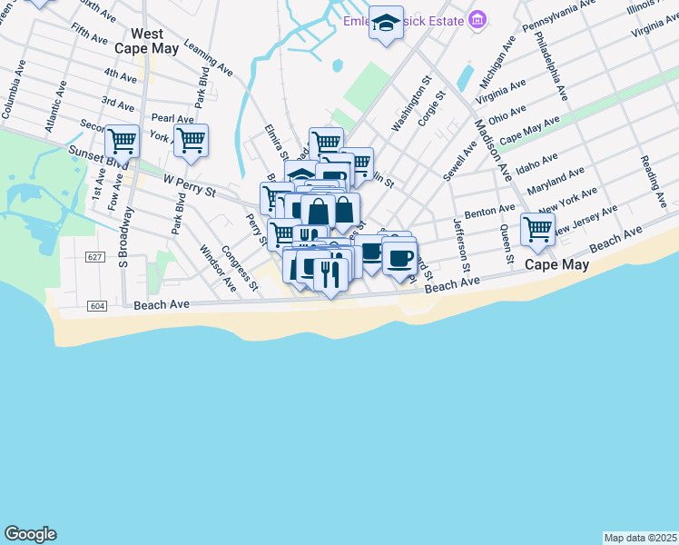 map of restaurants, bars, coffee shops, grocery stores, and more near 22 Ocean Street in Cape May