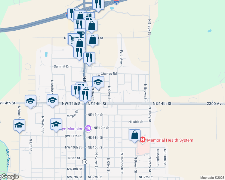 map of restaurants, bars, coffee shops, grocery stores, and more near 402 Northeast 15th Street in Abilene