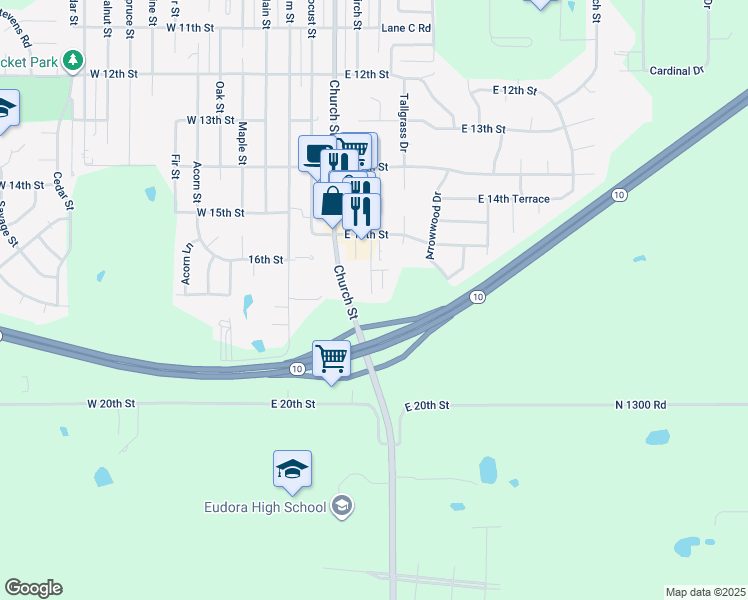 map of restaurants, bars, coffee shops, grocery stores, and more near 1516 Greenway Drive in Eudora