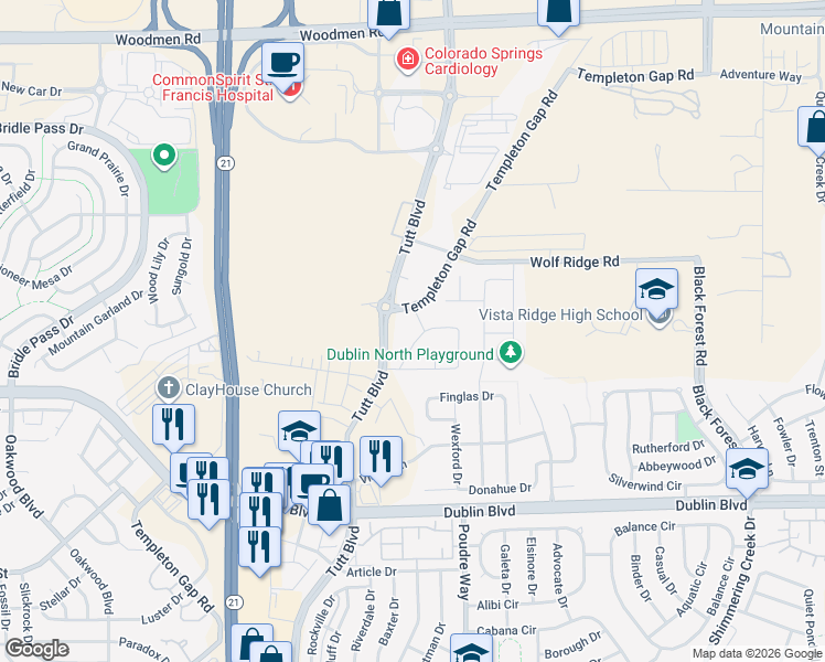 map of restaurants, bars, coffee shops, grocery stores, and more near 6795 Templeton Gap Road in Colorado Springs