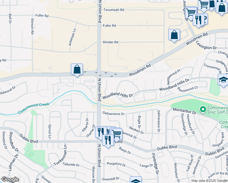map of restaurants, bars, coffee shops, grocery stores, and more near 2870 Woodland Hills Drive in Colorado Springs