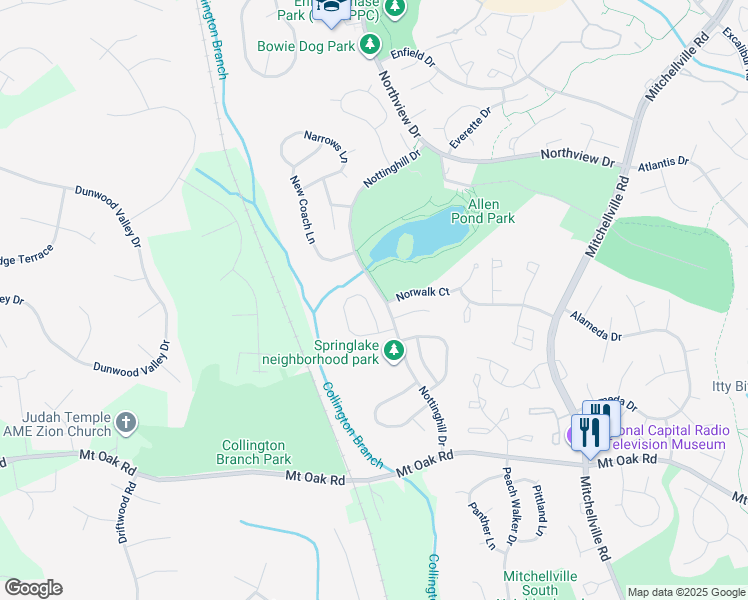 map of restaurants, bars, coffee shops, grocery stores, and more near 3038 Nutwood Lane in Bowie