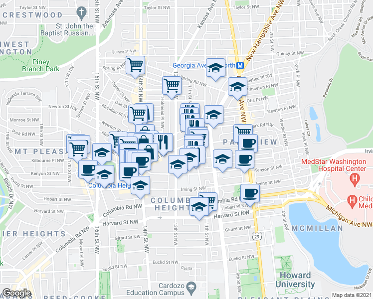 map of restaurants, bars, coffee shops, grocery stores, and more near 3305 13th Street Northwest in Washington