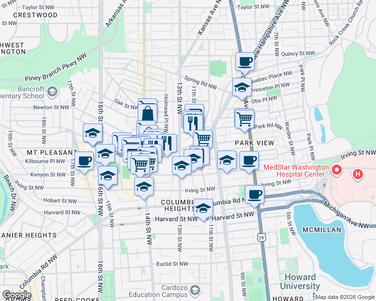 map of restaurants, bars, coffee shops, grocery stores, and more near 101 Independence Avenue Southeast in Washington