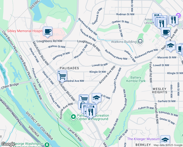 map of restaurants, bars, coffee shops, grocery stores, and more near 5022 Klingle Street Northwest in Washington