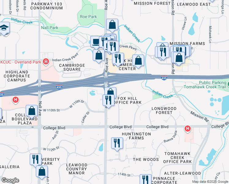 map of restaurants, bars, coffee shops, grocery stores, and more near 4550 West 109th Street in Leawood