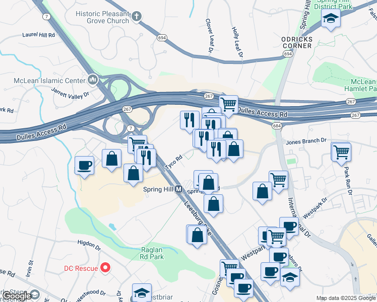 map of restaurants, bars, coffee shops, grocery stores, and more near 8550 Tyco Road in Vienna