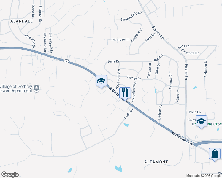 map of restaurants, bars, coffee shops, grocery stores, and more near 1613 West Delmar Avenue in Godfrey