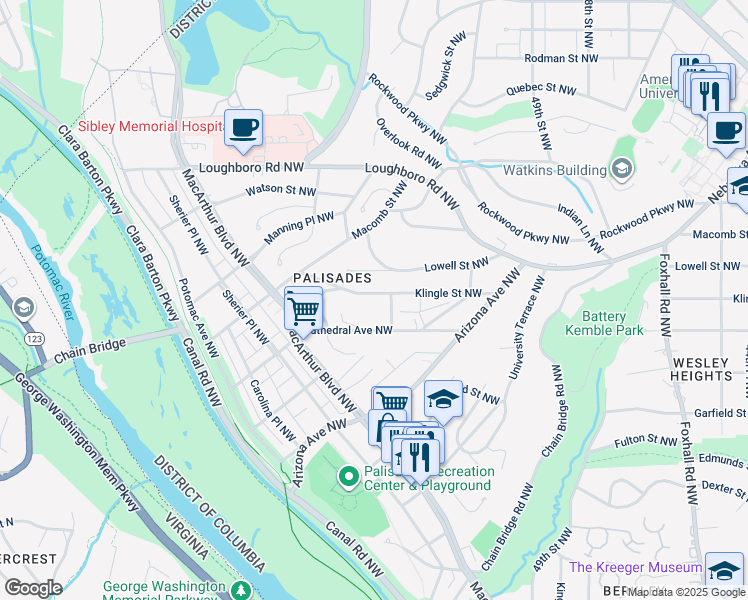 map of restaurants, bars, coffee shops, grocery stores, and more near 5110 Klingle Street Northwest in Washington