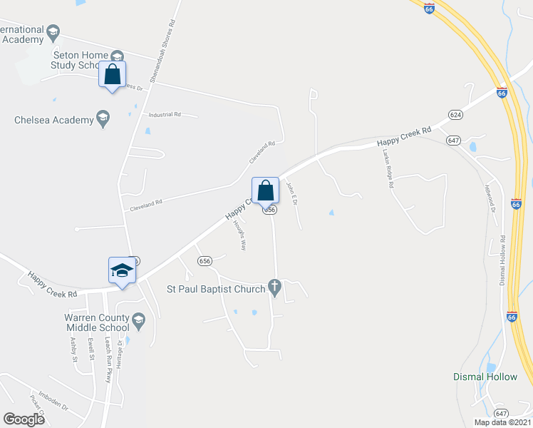 map of restaurants, bars, coffee shops, grocery stores, and more near 1996 Happy Creek Road in Front Royal