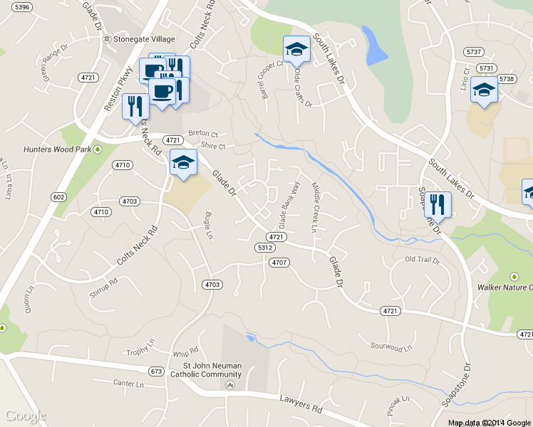 map of restaurants, bars, coffee shops, grocery stores, and more near 11881 Saint Trinians Court in Reston