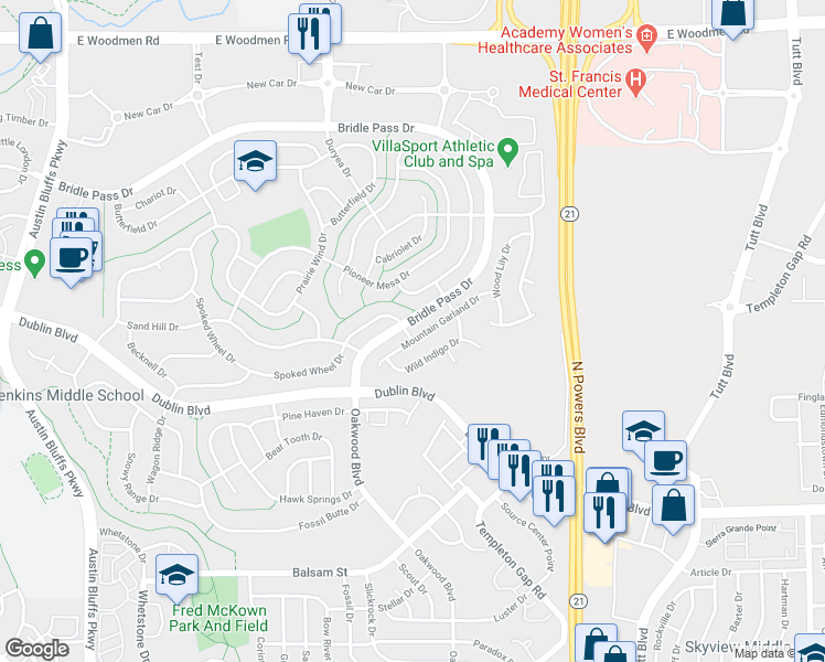 map of restaurants, bars, coffee shops, grocery stores, and more near 5508 Mountain Garland Drive in Colorado Springs