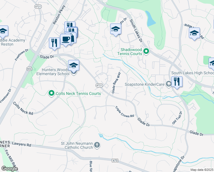 map of restaurants, bars, coffee shops, grocery stores, and more near 11881 Saint Trinians Court in Reston