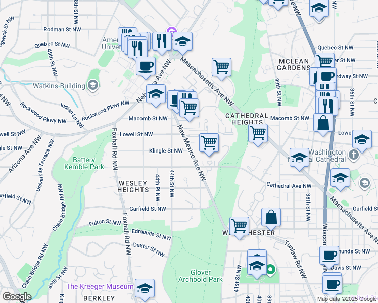 map of restaurants, bars, coffee shops, grocery stores, and more near 3101 New Mexico Avenue Northwest in Washington