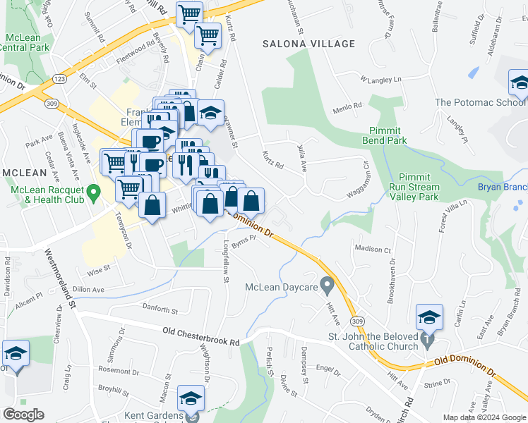 map of restaurants, bars, coffee shops, grocery stores, and more near 1462 Hampton Hill Circle in McLean