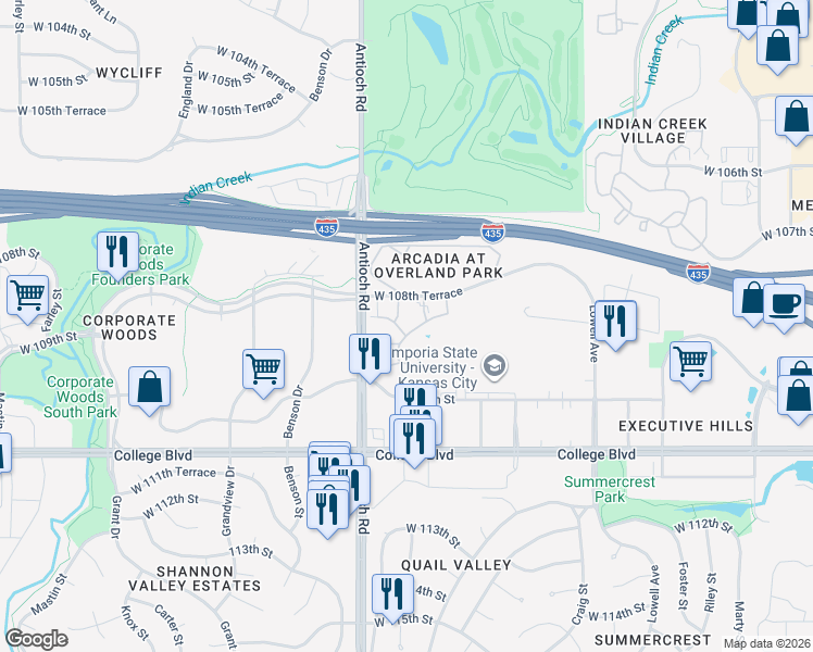map of restaurants, bars, coffee shops, grocery stores, and more near 8601 West 108th Place in Overland Park