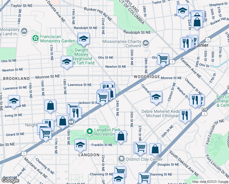 map of restaurants, bars, coffee shops, grocery stores, and more near 2232 Kearny Street Northeast in Washington