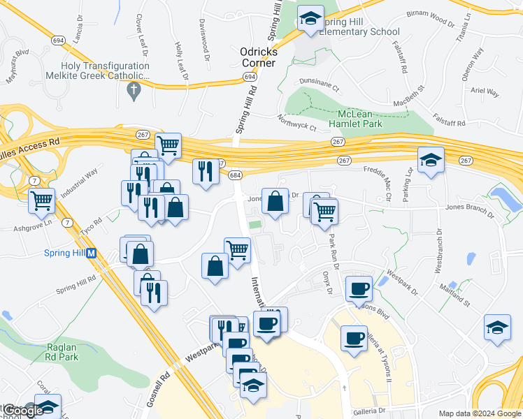 map of restaurants, bars, coffee shops, grocery stores, and more near 1539 Lincoln Way in McLean