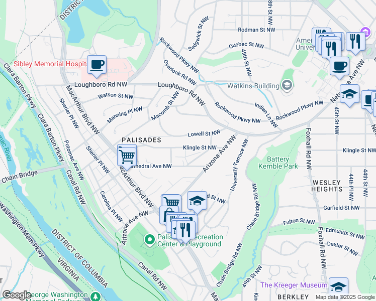 map of restaurants, bars, coffee shops, grocery stores, and more near 5022 Klingle Street Northwest in Washington