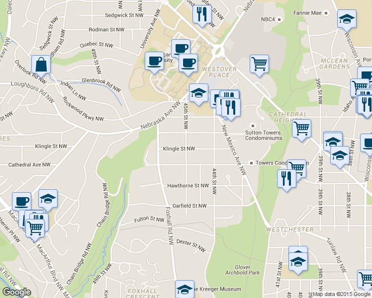 map of restaurants, bars, coffee shops, grocery stores, and more near 45th Street Northwest & Klingle Street Northwest in Washington