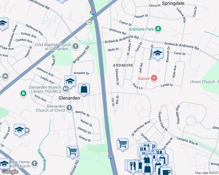 map of restaurants, bars, coffee shops, grocery stores, and more near 1508 7th Street in Glenarden