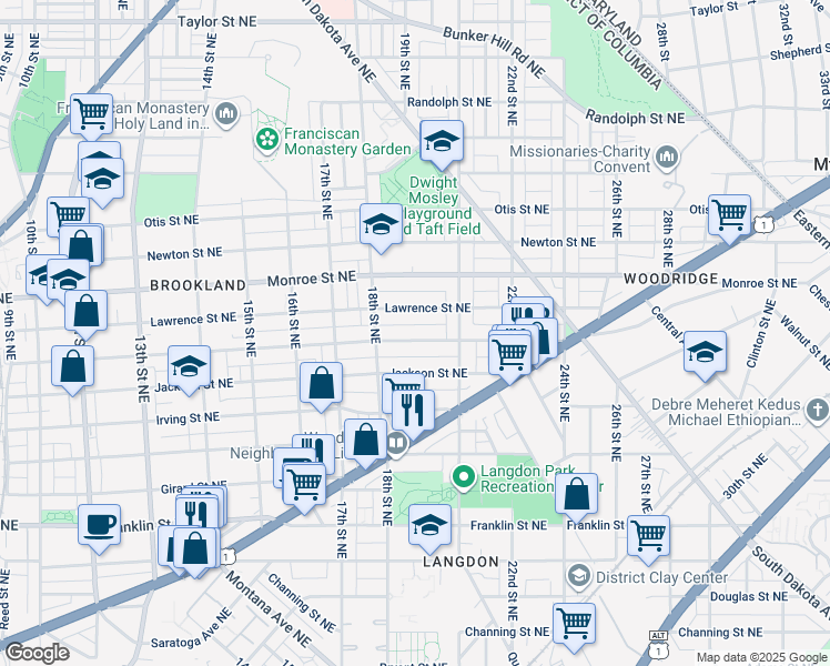 map of restaurants, bars, coffee shops, grocery stores, and more near 1916 Kearny Street Northeast in Washington