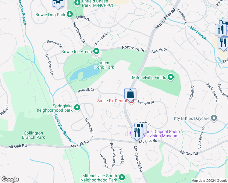 map of restaurants, bars, coffee shops, grocery stores, and more near 3000 New Oak Lane in Bowie