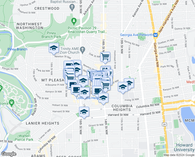 map of restaurants, bars, coffee shops, grocery stores, and more near 1428 Monroe Street Northwest in Washington