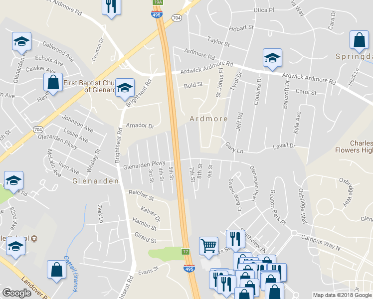 map of restaurants, bars, coffee shops, grocery stores, and more near 1508 7th Street in Glenarden