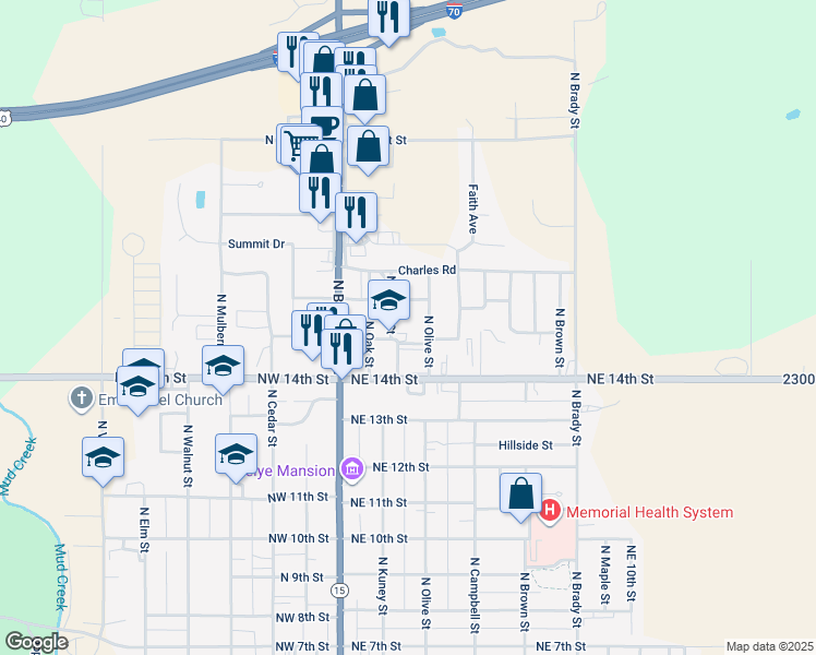 map of restaurants, bars, coffee shops, grocery stores, and more near 1501 North Kuney Street in Abilene