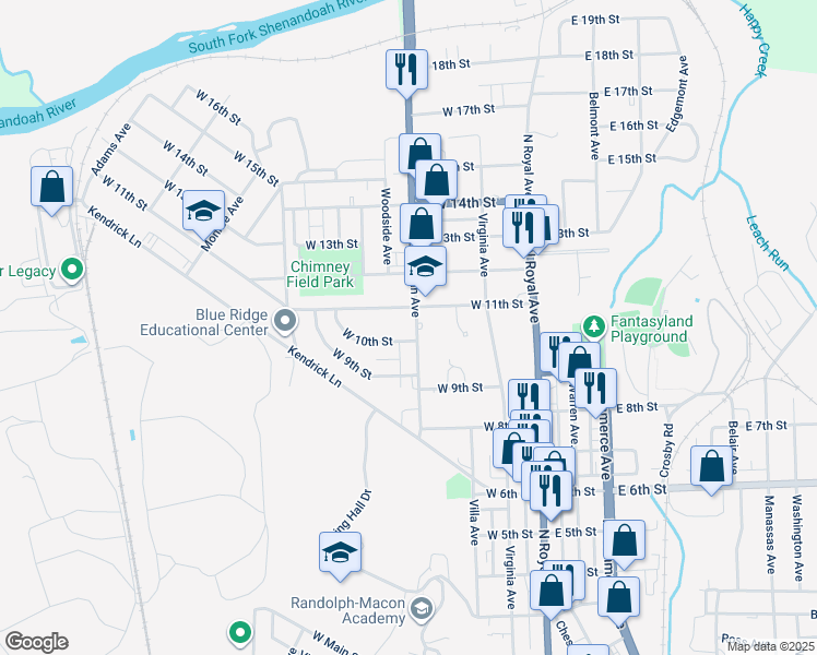 map of restaurants, bars, coffee shops, grocery stores, and more near 1010 North Shenandoah Avenue in Front Royal
