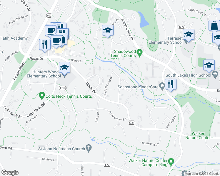 map of restaurants, bars, coffee shops, grocery stores, and more near 2331 Glade Bank Way in Reston