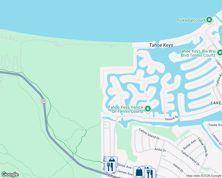 map of restaurants, bars, coffee shops, grocery stores, and more near 1876 Genevieve Court in South Lake Tahoe